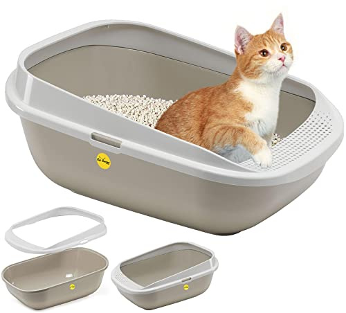 CAT CENTRE Grey Cat Litter Tray, High Rim, XL Deep Jumbo, Perforated Step | Open litter box, large toilet tray for cats & kittens, BPA-free, rounded corners, easy clean