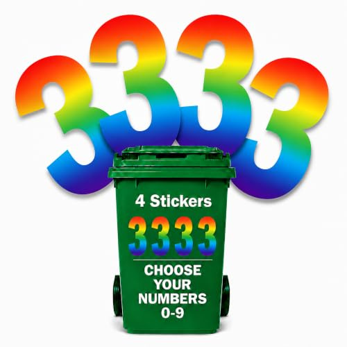 4 x Rainbow Bin Numbers for Wheelie Bins, 0-9, 17.5cm Dustbin Stickers (3) | Choose Your Wheelie Bin Number/s, Weatherproof Self Adhesive Vinyl Bin Number Sticker, Suits Food Caddy & Food Waste Bins