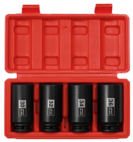 EMENTOL 4PCS 1/2 Drive Deep Impact Socket Set, CR-MO, 12 Point, Metric, Deep Spindle Axle Nut Impact Socket Set-30mm, 32mm, 34mm, 36mm
