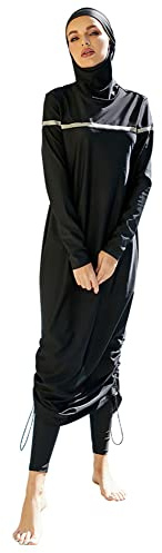 Conservative Damen-Bademode, Muslimische Bademode, bescheidener islamischer Bikini, Badeanzug, Strandmode Einfarbiges Langarm-Oberteil + Hose + Hijab Damen Badeanzug Dreiteiliges Set Schwarz06 XL