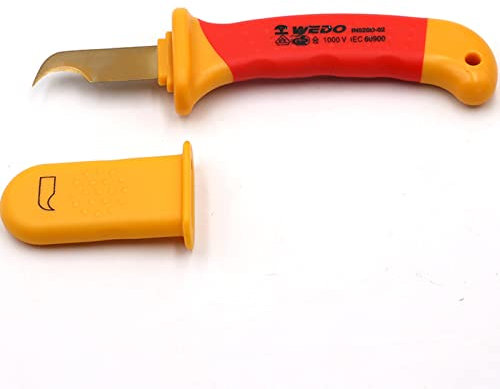 WEDO VDE 1000V isoliertes Kabelmesser Abmantelungsmesser Elektriker-Abschneidewerkzeug Kabelabstreifer(Hakenklinge), Elektriker-Mantelmesser, Rostbeständig, IEC 60900, Größe 155mm
