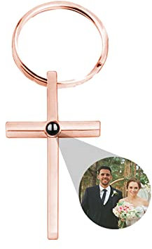 Porte-clés personnalisé avec projection de photo en croix « I Love You » - 100 langues, Croix - 2 or rose, taille unique