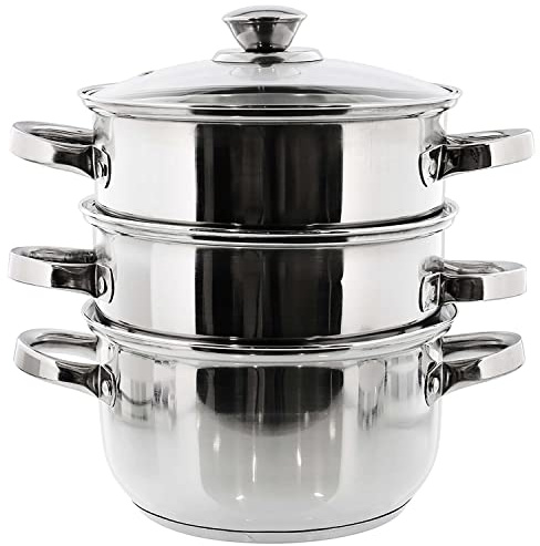 AAMEN Stainless Steel 3 Tier Steamer Pot with Glass Lid - Steam Hole - Compatible with Electric, Gas, Ceramic, Perfect for Cooking Vegetables, Seafood, Multi-Layer Cookware Pot with Handles (Silver)