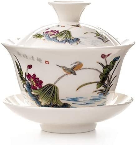 Taza, cuenco cubierto, taza de té, cuenco de té, juego de té grande, cuenco de té de porcelana azul y blanca de Jingdezhen, cuenco de tres manos de porcelana blanca de cerámica, cuenco de té pequeño