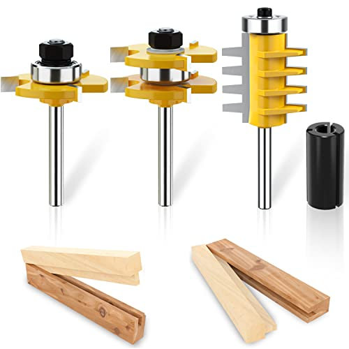 Helovmine Tongue and Groove Router Bit Tool Set with Adjustable 1/4 Inch Shank T Shape Wood Milling Finger Joint Router Bit - Woodworking Chisel for Solid Wood, Particleboard, MDF, Plywood- 3Pcs