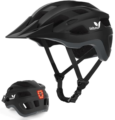 Veltuno Bike Helmet for Adults, Lightweight Mountain Bicycle Helmet with USB Rechargeable LED Rear Light, Removable Sun Visor for Women, Men, Suitable for Cycling and Commuting (Black, Medium)