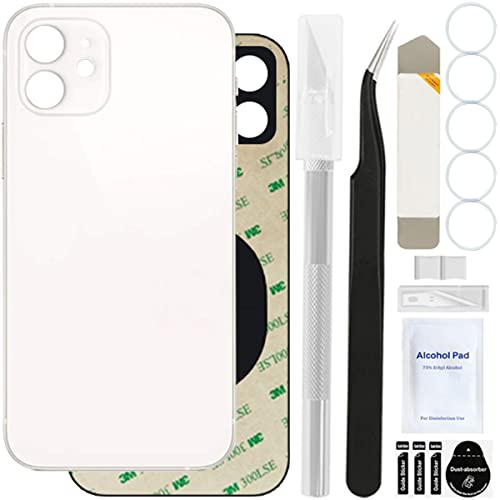 ZHUROUPU Baksidesskydd glasersättning kompatibel med iPhone 12, professionell reparationsverktygssats, förinstallerat lim och gummiband (6,1 cm/vit)