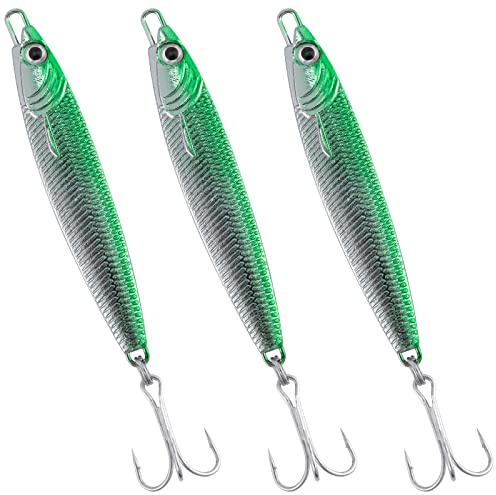 Dr.Fish Juego de 3 señuelos de pesca de metal, color verde plateado, anzuelos de pesca, caballa, bacalao, lubina y lucio, señuelos giratorios de metal, 30 g