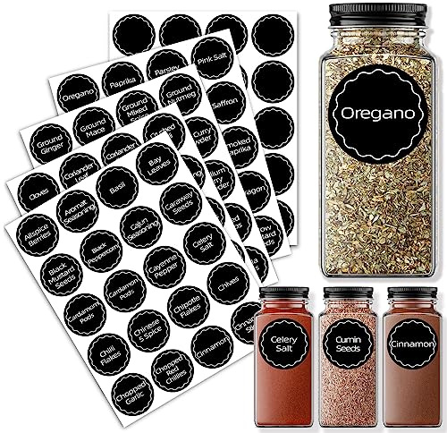 KiWiTEK Spice Labels for Jars, Pre Printed Waterproof Self Adhesive Stickers Kitchen Organization and Pantry Storage, Washable Reusable Tear-Proof Black Seasoning Sticker, 80 Pcs + 20 Free Blank