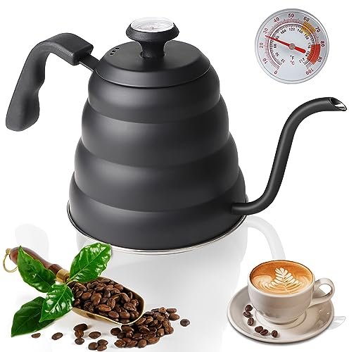 EFUTURETIME Bollitore Collo di Cigno con Termometro in Acciaio Inossidabile 1.2 L, Bollitore per Caffè e Tè, Gooseneck Kettle per Piani di Cottura a Gas e a Induzione, Nero