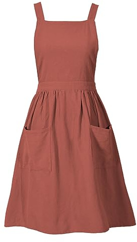 Pinknoke Cotton Linen Pinafore Apron Dress for Women with Pockets Cute Art Chef Aprons for Kitchen Baking Gardening Painting (Burnt orange)