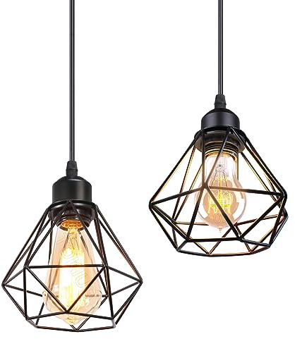 TOKIUS Lámparas de Techo Diseño de Jaula de Hierro Negro Ø 16cm Vintage Lámpara Colgante Iluminación de Techo de Interior para Pasillo Porche Cocina Dormitorio (Colgante 1 Luz, 2 Piezas)