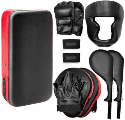 Gemscream 10 In1 Punching Mitts Kick Pad Set Taekwondo Pads Boxing Mitts Focus Pads Boxing Gloves Safety Head Guard Wrist Band for Kickboxing, Karate, Muay Thai, MMA Training(Black)