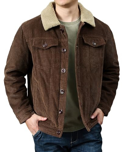 rismart Homme Veste en Velours Côtelé Doublure Sherpa Camionneur Boutonné Col à Revers L'hiver Chaud Manteau Café,L