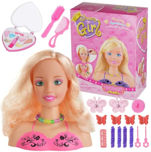 HOTUT Testa in Stile Bambola, Testa da Truccare e Pettinare con 17 Accessori Colorati, Testa Pettinabile con Capelli Biondi, Decorazioni da Colorare Bambola Accessori, Giocattolo per Bambini 3+ Anni
