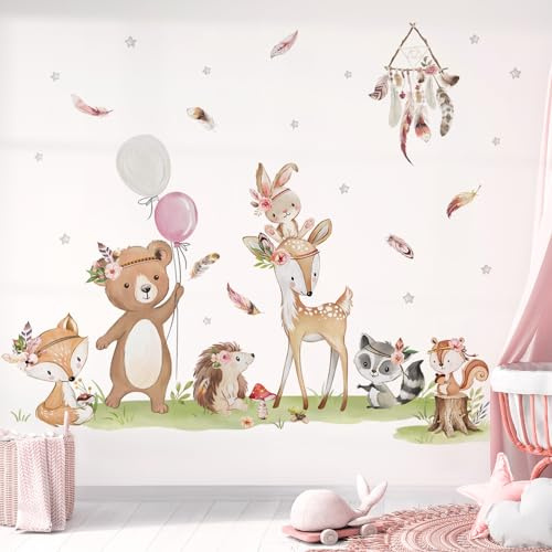 decalmile Wandsticker Waldtiere Boho Hirsch Wandtattoo Bär Fuchs Hase | Abziehbare und Aufklebbare Wandaufkleber, DIY Abnehmbare Wandkunst Abziehbilder, Wandfreundlich, Leuchtenden Farben