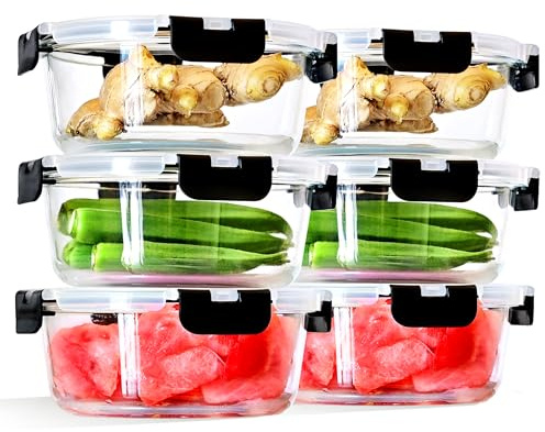 LNWSN 6 Glasbehälter mit Deckel, 950ml Vorratsdosen Glas mit Sicherer, Rund Mealprepboxen, Versiegelter Frischhaltedosen Glas mit Deckel, Getreidesortierlager der Hausfrau, Schwarze