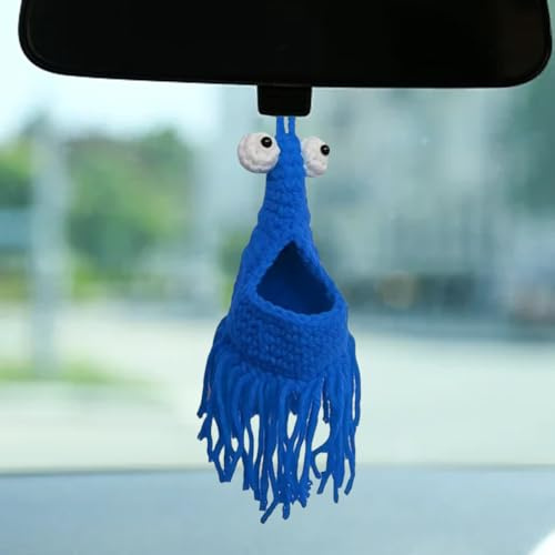 Crayfish Car Mirror Hanging Pendant, Handmade Knitted Crochet Car Hanging Plant Basket, Cute Car Rear View Mirror Ornament Charm, Car Interior Decoration Gifts for Women Men (Blue)