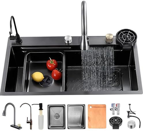 KOOGIMDDR Évier de cuisine pour le lieu de travail 80 x 50 cm avec robinet cascade, kit de bac simple en acier inoxydable noir/gris, pour un usage domestique, nettoyeur haute pression, planche à