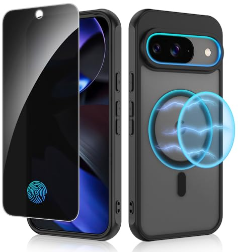 Ruky for Google Pixel 9 / Pixel 9 Pro Case Compatible with MagSafe, [with Privacy Screen Protector] Translucent Shockproof Slim Protective Phone Case for Google Pixel 9/9 Pro 6.3 inch, Black