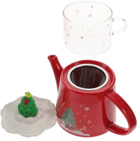 Tofficu Teiera Tema Natale in Ceramica Set Da Tè Per Uso Domestico Decorazione Per Feste Natalizie Bollitore Per Tè Maniglia Comoda Regalo Di Natale
