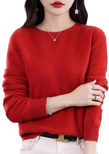 QuyiFa Suéteres de Cachemira para Mujer, jerséis de Cachemira, suéter de Lana Merino para Mujer, suéter de Punto Ligero (Rojo,M)