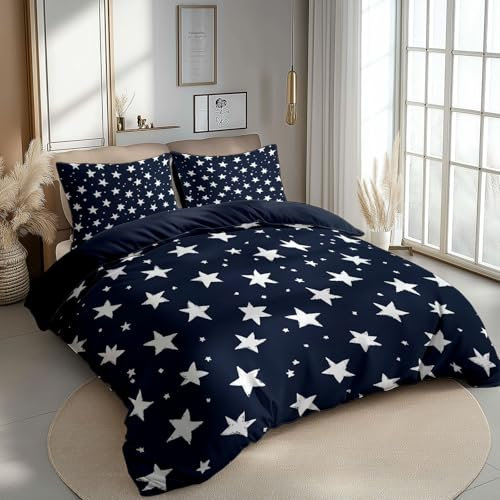 CozyRest Bettbezug Nacht Himmel Sternenhimmel Cartoon-Stern Thema 155 x 220 cm Wendebettwäsche aus Mikrofaser für Kind Paar, Nachthimmelblau Deckenbezug, Mit 2x80x80 cm Kissenbezug und Reißverschluss