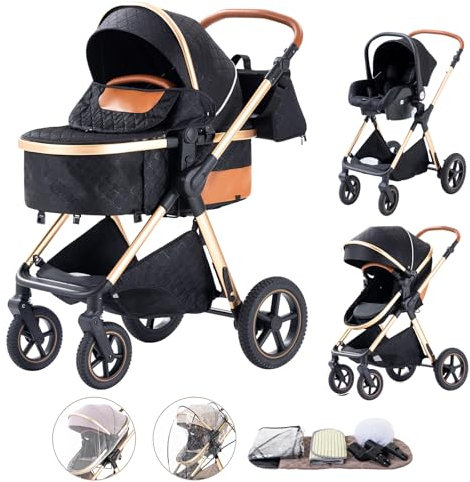 Shineey Kinderwagen 3 in 1,Puppenwagen Mit Babyschale Höhenverstellbarer Buggy Komplettset Faltbare tragbare,KombiKinderwagen Mit Aluminiumrahmen für Neugeborene 0 bis 3 Jahre (H2BLACK, H2)