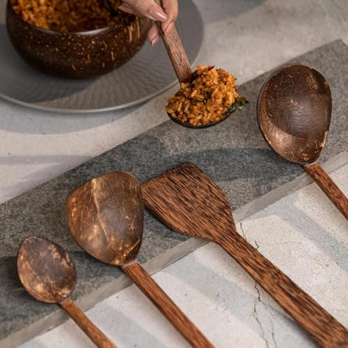 M1SS 5 Pcs of Wooden Coconut Shell Cooking Spoons Set, 1 Serving Spoon, 1 ladle, 1 Triangle Spoon, 1 Large Spoon, 1 Spatula Durable and Eco-Friendly Perfect for Kitchen Cooking Serving Dishes