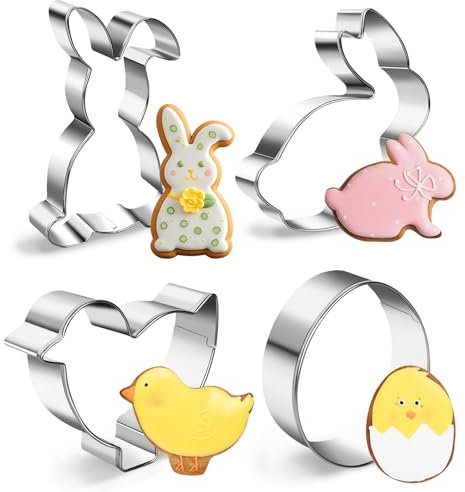 JIAWWAN Formine per Biscotti di Pasqua, 4 Pezzi Stampi Biscotti Pasquali, Taglia Biscotti Pasquali, Stampo Biscotti Coniglio, Tagliabiscotti Pasqua Acciaio Inossidabile, Conigliettos, Uovo, Pulcino