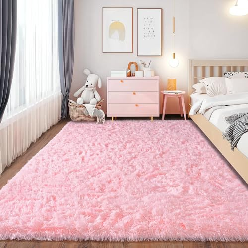 Chicnix Teppich Schlafzimmer 140x200 cm Flauschig, Hochflor Teppich Wohnzimmer Rosa, Weiche Plüsch rutschfest Shaggy Langflorteppich für Kinderzimmer Heim Dekor