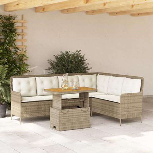 IKAYAA Polyrattan Lounge mit Verstellbare Esstisch 90 x 55 x 40/71 cm, Gartenlounge, Garten Sitzgruppe, Ecklounge, Ecksofa Lounge Möbel, Rattan Gartenmöbel Set inkl.Sitz- und Rückenkissen - Beige