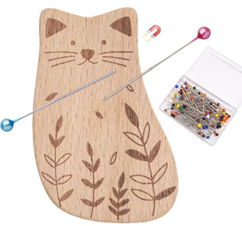 Erconsso Magnetisches Nadelkissen, niedlicher magnetischer Nähnadelhalter, mit 100 Nadeln, Holz-Tierform, Mehrzweck-Pinkissen zum Basteln, Schneidern, Quilten