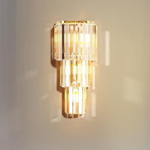 Vrygle Kristall Wandleuchte LED Gold: Moderne Wandlampe mit 3xE14 Lampen, 3 wählbare Farbtemperaturen, Innenleuchte für Wohnzimmer Schlafzimmer Flur Esszimmer Nachttisch Hotel Treppen