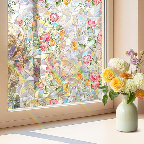 HAOTIAN-X Pellicola per finestre con motivo floreale, pellicola colorata per finestre, adesivo statico floreale, decalcomania arcobaleno per vetri per l'arredamento dell'ufficio domestico (40 x 100 cm