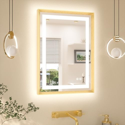 TETOTE Badspiegel mit Beleuchtung Gold Metallrahmen 50x70cm, Badezimmerspiegel Beleuchtet Beschlagfrei Wandspiegel Led Bad Spiegel mit Touch-Schalter, 3 Lichtfarben Dimmbar Speicherfunktion