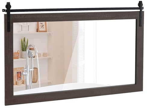 COSTWAY Rektangulär spegel med träram, 100 x 66 cm, rustik väggspegel, okrossbar hängspegel med metallhållare, för hall, vardagsrum, sovrum (mörkbrun)