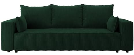 4ALL HOME Sofa mit Schlaffunktion Veno 242x95 cm - Couch - Sofa mit Bettkasten - 3 Sitzer - Schlafsofa - Schlafsofa mit Bettkasten - Cord - Wohnzimmer (Poso 14 Flaschengrün)