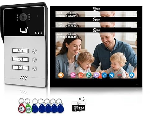 Doorbell Intercom with Camera and Screen for 2/3/4 Apartment,10Inch WiFi Monitor,Doorbell Camera,Wired Video Doorbell,Support 3 In 1 Unlocking,Night Vision Device (bell+3 black 10inch monitor)