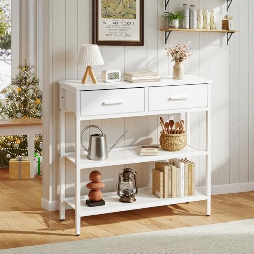Panana Slim Console Table, Hallway Table with 2 Non-woven Drawers, 3-Tier Sofa Table with Storage for Small Spaces, Living Room, Office, L75xW24xH76.5cm (White)