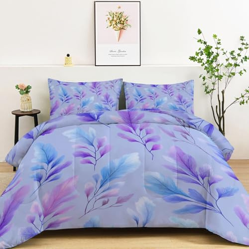 Bettdecke Ohne Bezug 135x200 cm, 4 Jahreszeiten Steppdecke - Träumerisch Pflanzen Blätter Helllila Ganzjahresdecke - Waschbar Warme und Weiche Gewaschene Baumwolle mit 2 Kissenbezug 80x80 cm