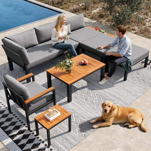 LinoraFurn Set di seduta modulare per esterni con combinazione libera, robusto telaio in metallo, cuscino traspirante e tavoli in legno, per terrazza, balcone, piscina, grigio