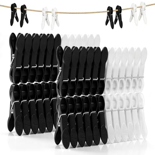 48PCS Clothes Pegs for Washing Line, Strong Grip Plastic Laundry Pegs with Stainless Steel Spring, UV Resistant & Rustproof, Heavy Duty Washing Pegs for Home Garden & Bathroom Outdoor - Black & White
