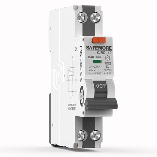 SAFEMORE Interrupteur FI/LS 40 A 30 mA 1P+N type A – Disjoncteur différentiel bidirectionnel RCBO avec capacité de commutation de 6 kA, courbe B40 B, certification TÜV – Rail DIN gris