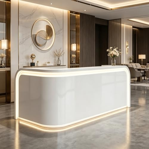 UKETO Empfangstheke Rezeptionstisch L Form Hochglanz Rezeptionstheke Modern Kassentheke Bürotresen Für Büro Hotel Salon Ladentheke(White Left,220cm/86.61)