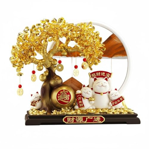 YWMJZEU Gatto Portafortuna Dorato Durevole Statuetta Gatto Fortunato Resistente Albero Portafortuna Dorato per Negozio, Albero Della Ricchezza Con Gatti Maneki-neko E Clessidra A Sabbia, Piccolo