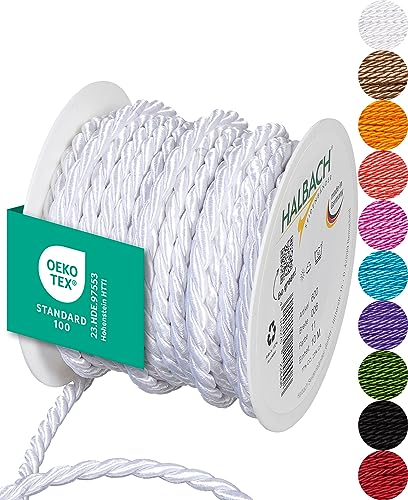 Halbach Seidenbänder Cordoncino di alta qualità (bianco), larghezza 6 mm, lunghezza 10 m, prodotto in Germania e certificato Öko-Tex, cordoncino in raso lucido in acetato