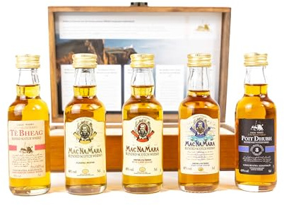 Pràban na Linne Whisky Geschenkset – 5 Miniaturen in Holzkiste | Pràban na Linne: Té Bheag, MacNaMara Rum & Port Finish, Poit Dhubh 8 – je 50 ml, mit Verkostungsnotizen