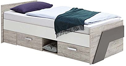 Lomadox Jugendbett Kojenbett Einzelbett 90x200cm in Eiche weiß Lava, 2 Schubkästen & Regalfach