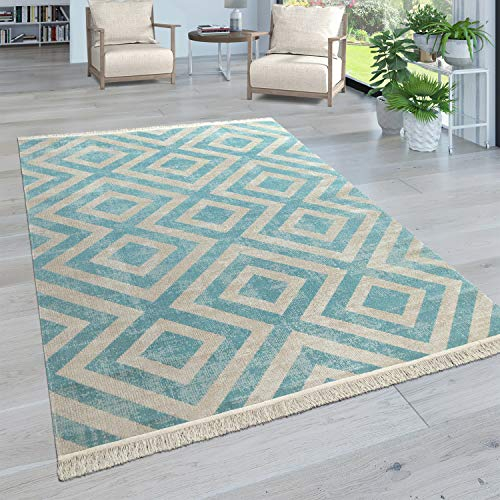 Paco Home Alfombra Tejido Plano Interior Exterior Moderno Motivo Rombos Terraza Balcón, tamaño:80x150 cm, Color:Azul-Blanco